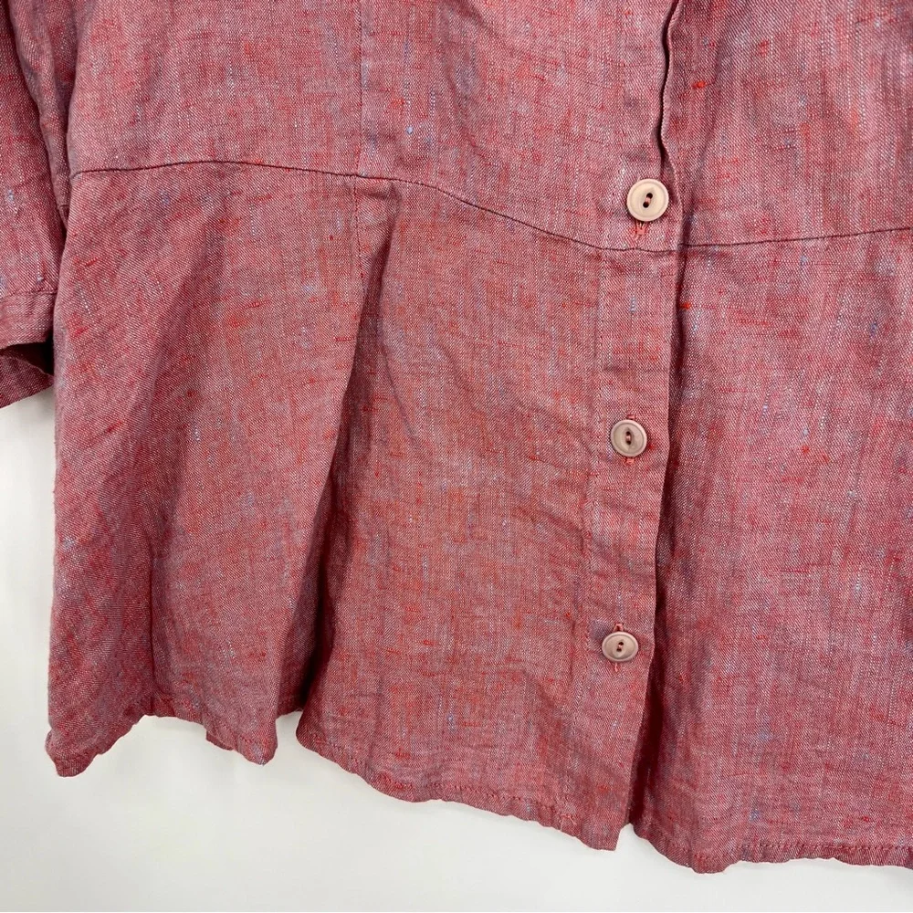 Flax 100% Linen Button Down Peplum Shirt Blouse Top Heathered Pink M Pleated - Picture 9 of 10
